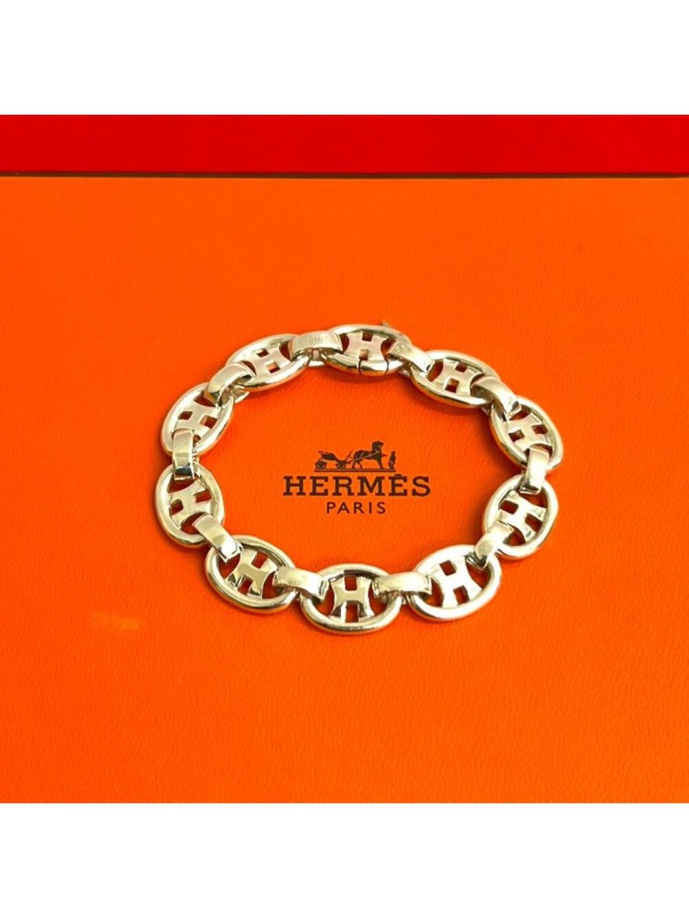 Hermes Vintage H Logo Bracelet 925 Sterling Silver Chain Bangle